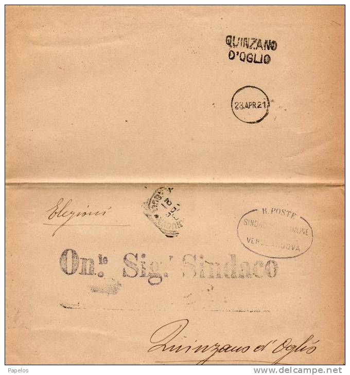 1921  LETTERA CON ANNULLO QINZANO D'OGLIO - Franchigia