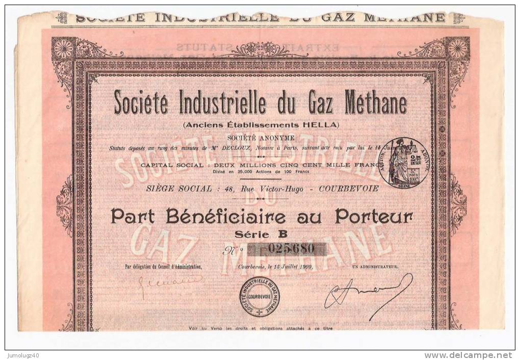 Action Société Industrielle Du Gaz Méthane De 100 Frs De 1909. N°025680 - G - I