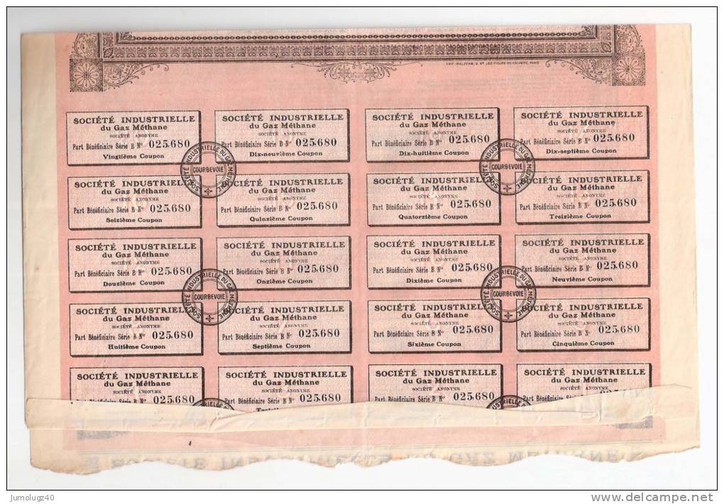 Action Société Industrielle Du Gaz Méthane De 100 Frs De 1909. N°025680 - G - I