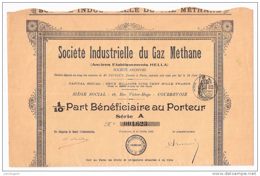 Action Société Industrielle Du Gaz Méthane De 100 Frs De 1909. N°001623 - G - I