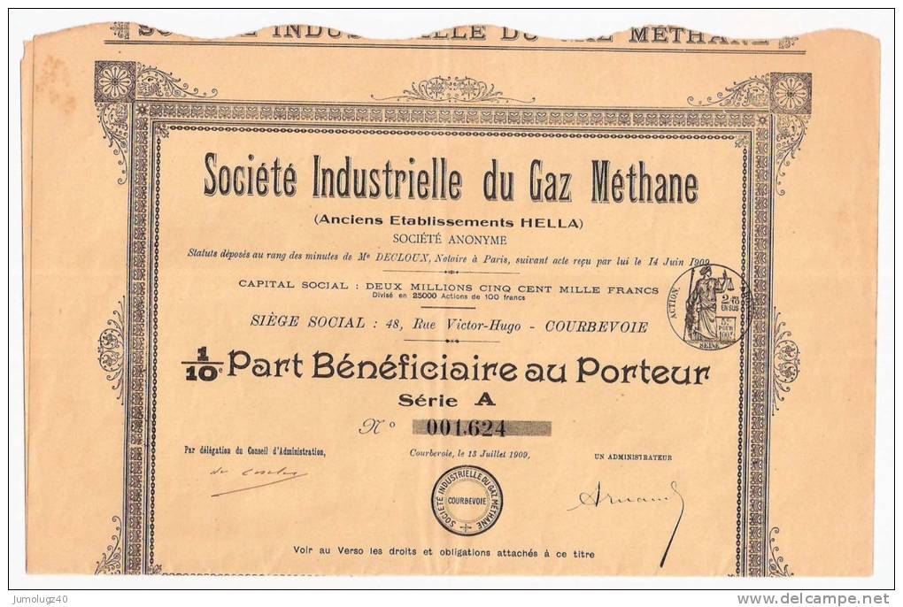 Action Société Industrielle Du Gaz Méthane De 100 Frs De 1909. N°001624 - G - I