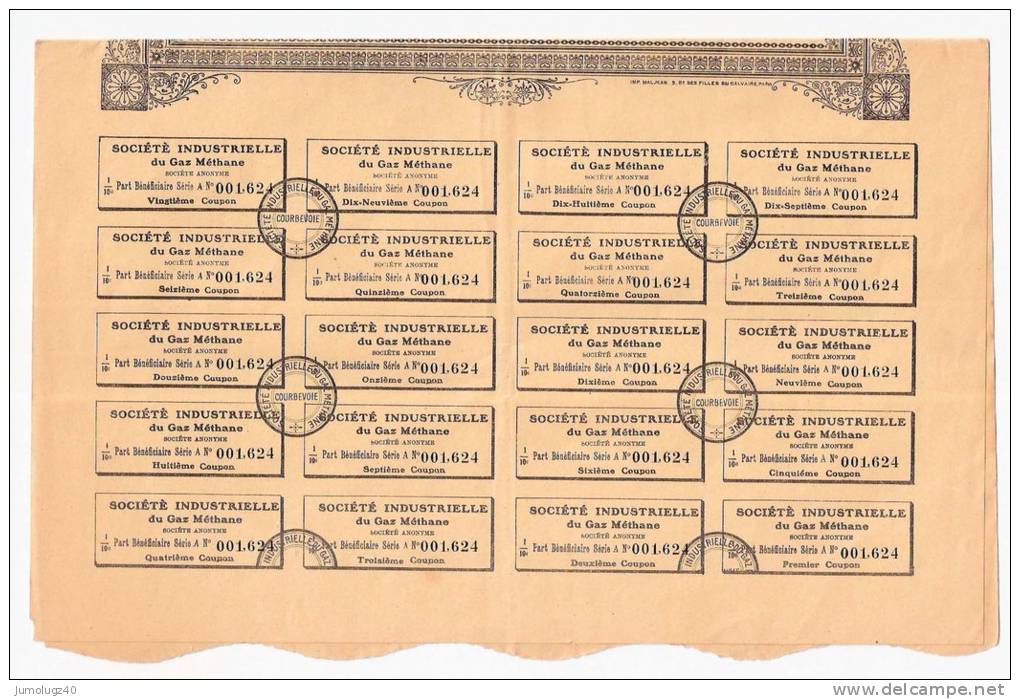 Action Société Industrielle Du Gaz Méthane De 100 Frs De 1909. N°001624 - G - I