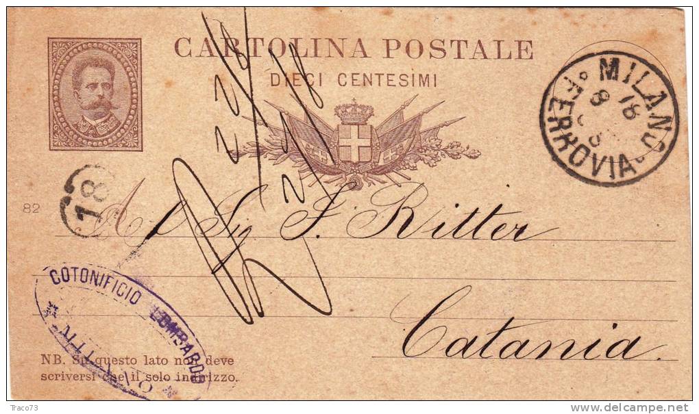 MILANO /  CATANIA  18.8.1884 - Intero Postale Pubbl. " Cotonificio LOMBARDO " - Cent. 10 - Publicité