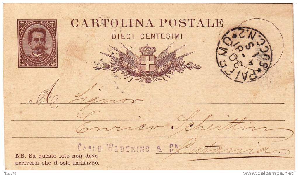 PALERMO / CATANIA  30.4.1881 - Intero Postale Pubbl. " Carid Wedekind & C. " - Cent. 10 - Reklame