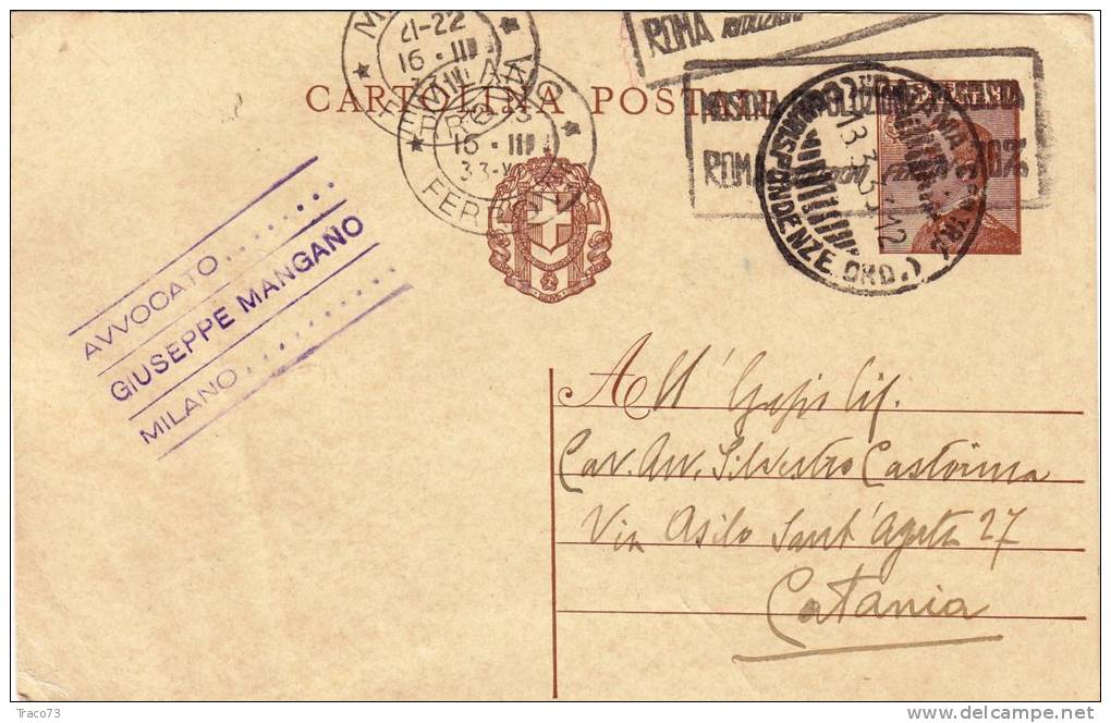 MILANO / CATANIA  13.3.1933 - Intero Postale Pubbl. " Avv. Giuseppe Mangano " - Cent. 30 Michetti - Publicité