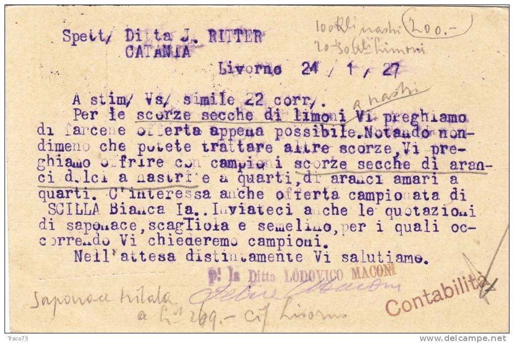 LIVORNO / CATANIA  - 24.01.1928 - Intero Postale Pubbl. - Firma - "Ditta Lodovico Maconi " - Cent. 30 Michetti - Reklame