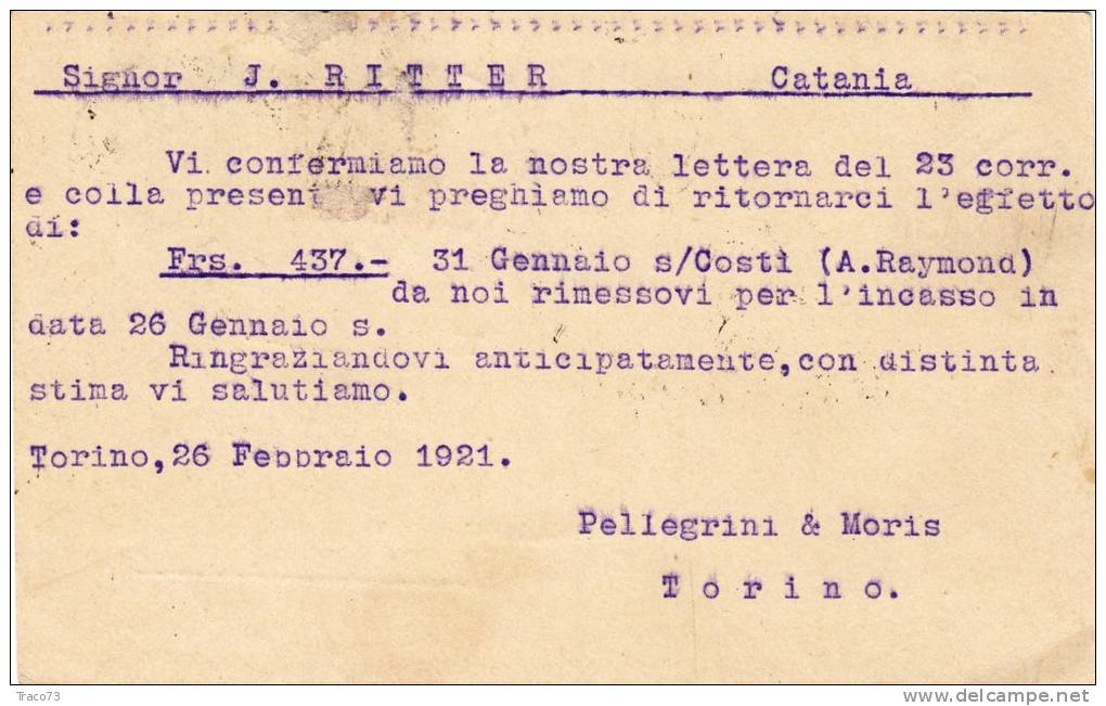 TORINO / CATANIA  - 26.02.1921 - Intero Postale Pubbl.  "Pellegrini & Moris " - Cent. 15 Leoni + 10 - Publicité