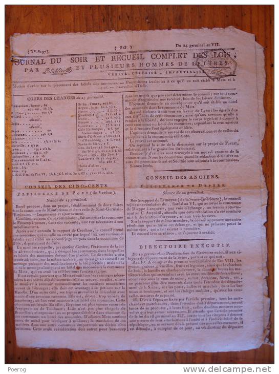 JOURNAL DU SOIR Du 13 AVRIL 1799 - HOTELS DES MONNAIES - METZ LYON - NOUVELLES D´ITALIE - Tampon - 24 GERMINAL AN VII - Newspapers - Before 1800