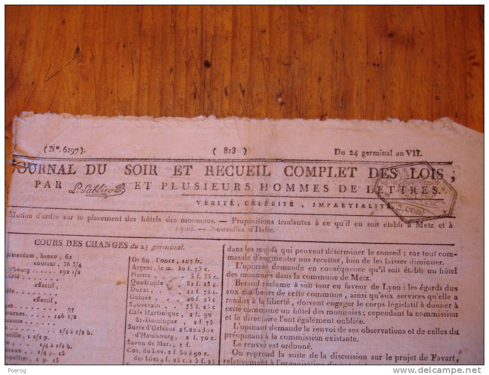 JOURNAL DU SOIR Du 13 AVRIL 1799 - HOTELS DES MONNAIES - METZ LYON - NOUVELLES D´ITALIE - Tampon - 24 GERMINAL AN VII - Zeitungen - Vor 1800