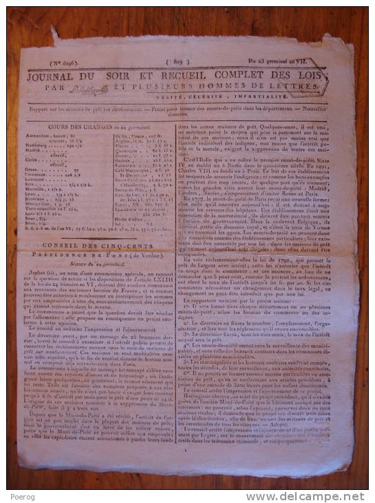 JOURNAL DU SOIR Du 12 AVRIL 1799 - MAISON DE PRET SUR NANTISSEMENT - MONTS DE PIETE - Tampon - 23 GERMINAL AN VII - Journaux Anciens - Avant 1800