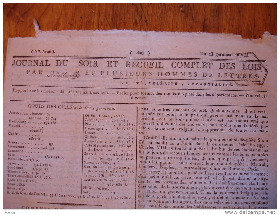 JOURNAL DU SOIR Du 12 AVRIL 1799 - MAISON DE PRET SUR NANTISSEMENT - MONTS DE PIETE - Tampon - 23 GERMINAL AN VII - Periódicos - Antes 1800