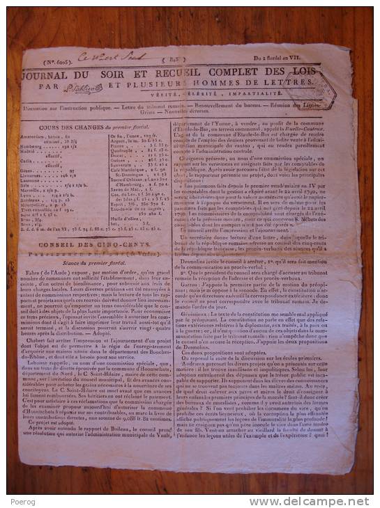 JOURNAL DU SOIR Du 21 AVRIL 1799 - INSTRUCTION PUBLIQUE - LIGUES GRISES - MONCHARD PRES SALINS MOULIN - 2 FLOREAL AN VII - Zeitungen - Vor 1800