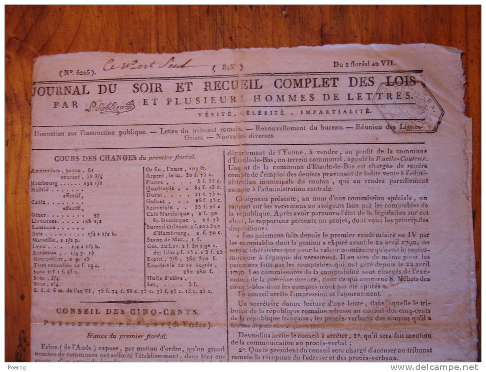 JOURNAL DU SOIR Du 21 AVRIL 1799 - INSTRUCTION PUBLIQUE - LIGUES GRISES - MONCHARD PRES SALINS MOULIN - 2 FLOREAL AN VII - Zeitungen - Vor 1800