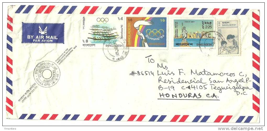 Cover Bangladesh To Honduras 1992( Barcelona 1992 + Liberty Statue NY Stamps) - Bangladesh