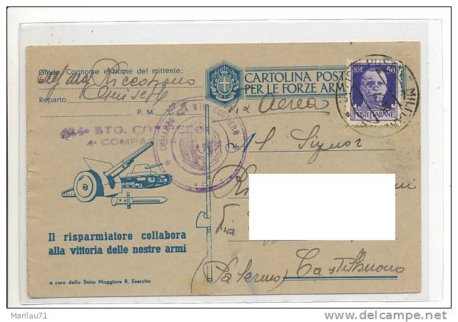 729 1943 FRANCHIGIA INTERO POSTALE VIA EREA POSTA MILITARE 22 3-5-1943 - Franchise