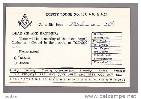 Postal Cards - Robert Morris - Equity Ledge No. 131, A.F. &amp; A.M. Janesville, Iowa - 1981-00