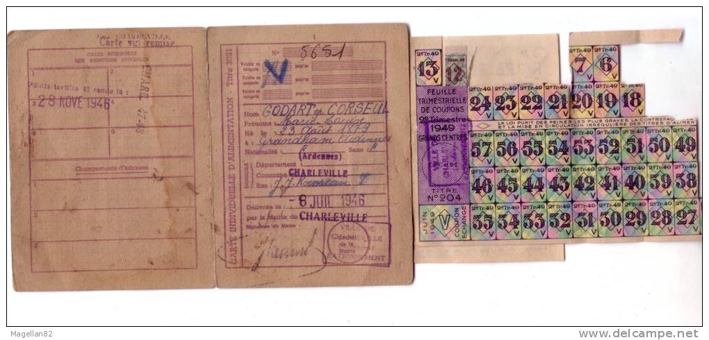 Carte Individuelle Alimentaire De 1946 . "billet-matière" RATIONNEMENT. GUERRE - 1939-45