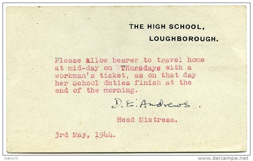 LOUGHBOROUGH : THE HIGH SCHOOL 1944 - Other & Unclassified