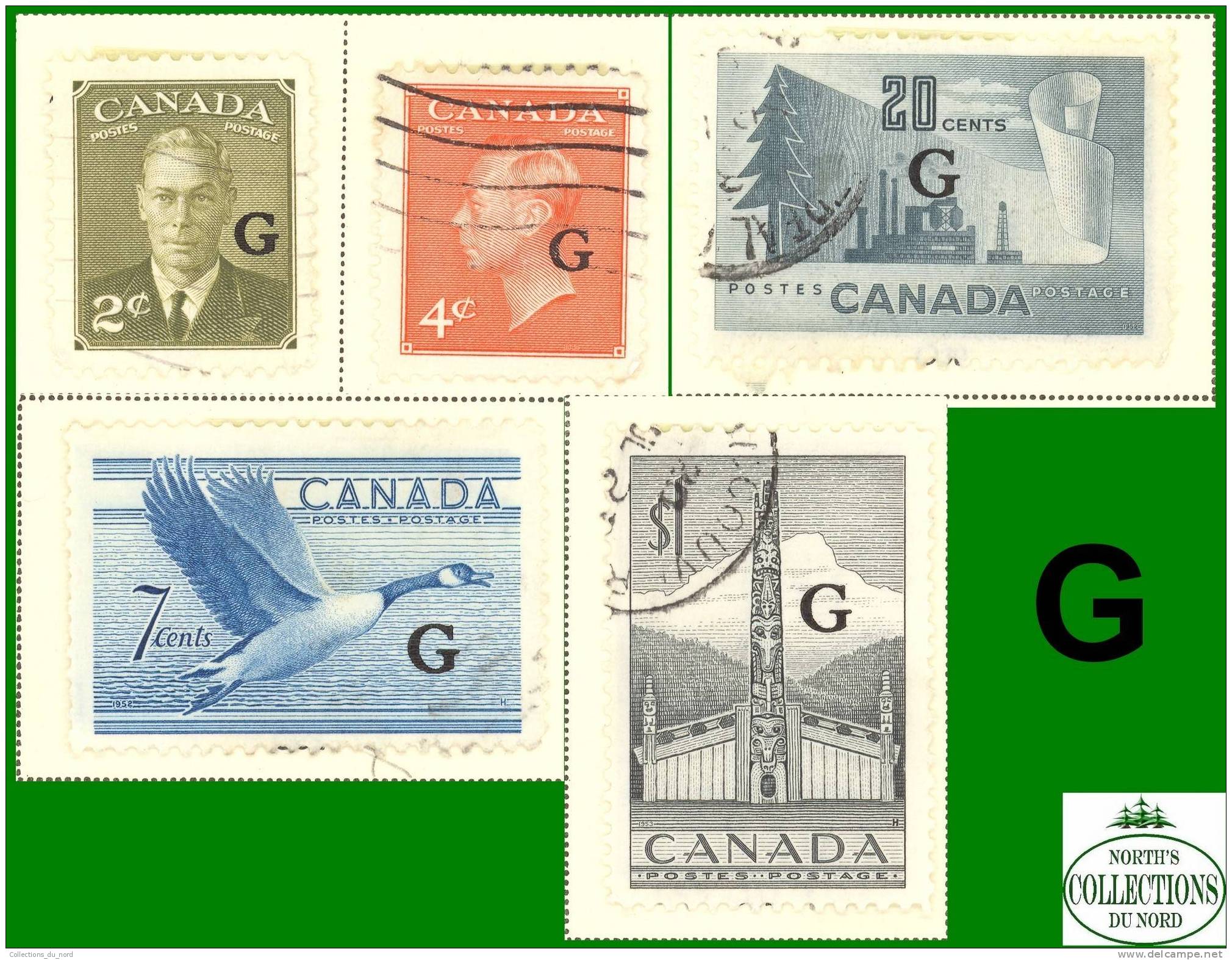 Canada Complete Set Of Overprinted 'G' # O28 To # O32 - Scott - Unitrade - Definitives - Dated: 1951 - 1953 - Used Stamps