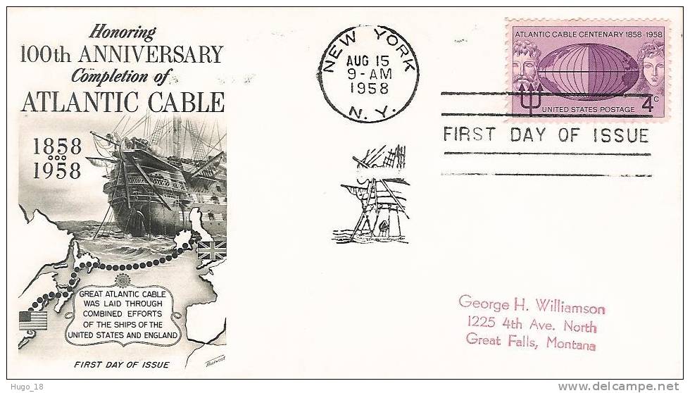 FDC  U.S.A  1958  Honoring 100th Anniversary Completion Of Atlantic Cable - 1951-1960