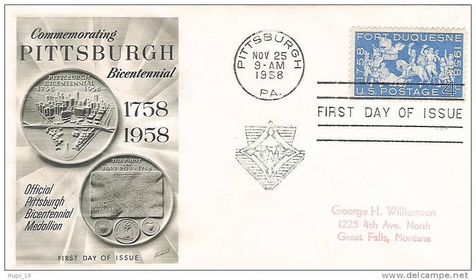 FDC  U.S.A  1958  Commemorating Pittsburg Bicentennial  1758-1958 - 1951-1960