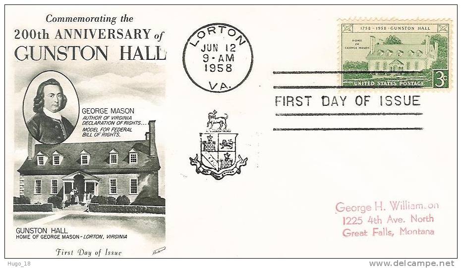 FDC  U.S.A  1958  Commemorating 200th Anniversary Of Gunston Hall - 1951-1960