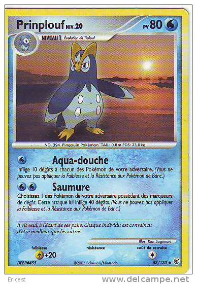 - T - CARTE POKEMON PRINPLOUF NIV 20 58/130 ETAT COURANT - Otros & Sin Clasificación