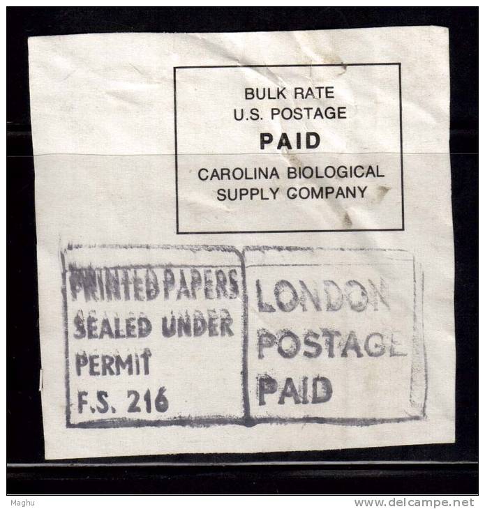 EMA Meter London Postage Paid, Permit F.S. 216, Great Britain, Carolina Biological  Co. Of  Science, Microscope, Lab. - Chimie