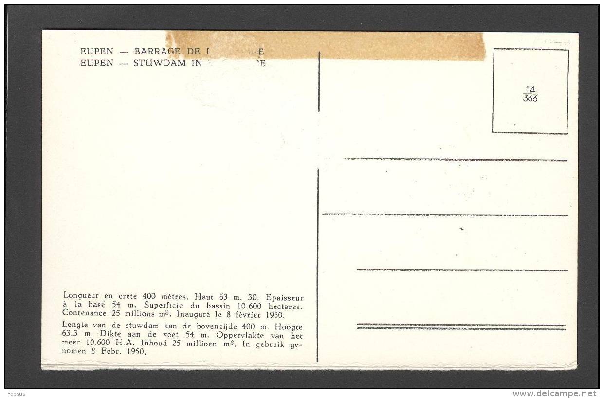 EUPEN NR 14/366 - BARRAGE STUWDAM VESDRE - ONGELOPEN KAART - Eupen