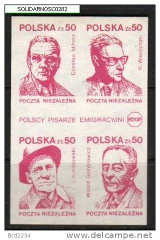 POLAND SOLIDARNOSC SOLIDARITY POLISH WRITERS AUTHORS IN EXILE  BLOCK OF 4 ROSE RED (SOLID282H/759) Nobel Winner Poet - Viñetas Solidarnosc