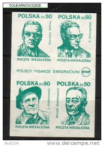 POLAND SOLIDARNOSC SOLIDARITY POLISH WRITERS AUTHORS IN EXILE  BLOCK OF 4 SEA GREEN (SOLID282G/759) Nobel Winner Poet - Viñetas Solidarnosc
