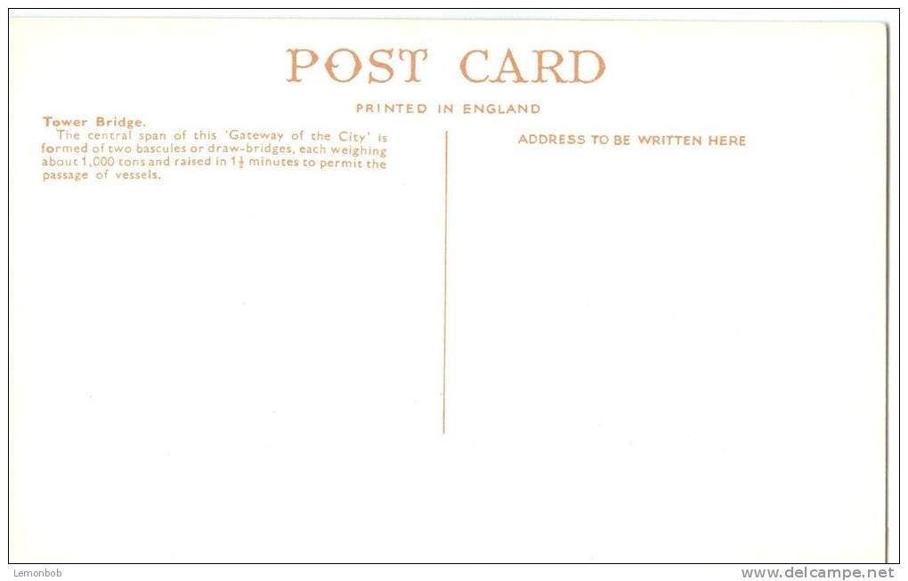 UK, United Kingdom, London, Tower Bridge, 1920s-1930s Unused Postcard [P7811] - River Thames
