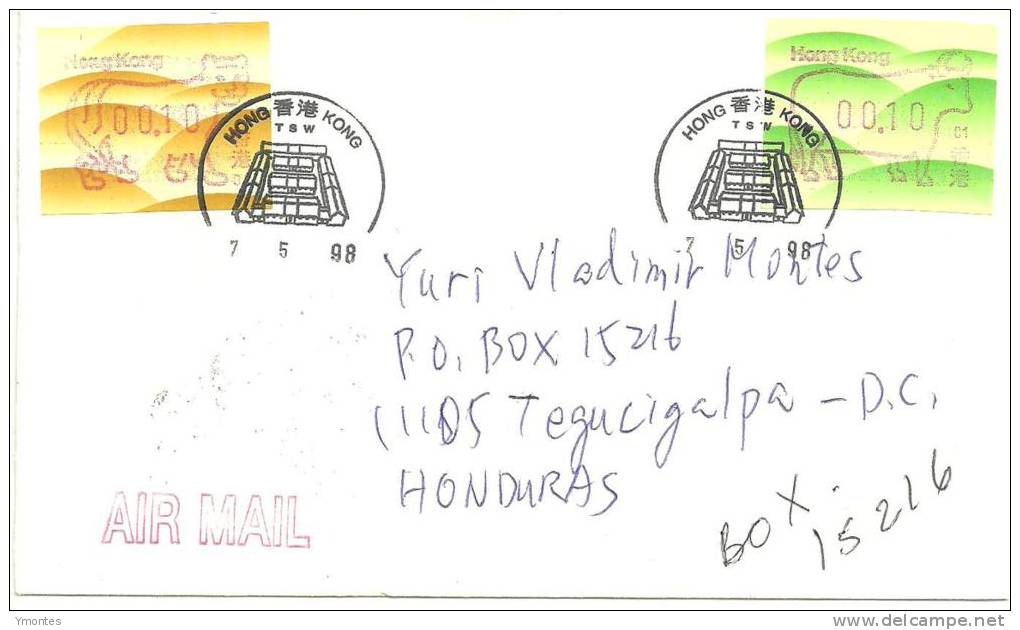 Cover Hong Kong To Honduras1998 ( Cow And Tiger Labels Stamps ) - Andere & Zonder Classificatie