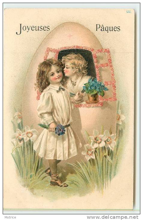 JOYEUSES PÂQUES   - Couple D'Enfants.(carte Gaufrée). - Pâques