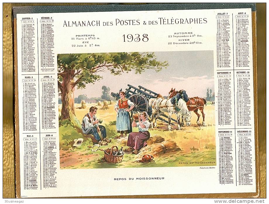 Calendrier 1938, Almanach Des PTT,postes,Repos Des Moissonneur, 26,5 X 21 Cm. - Formato Grande : 1921-40