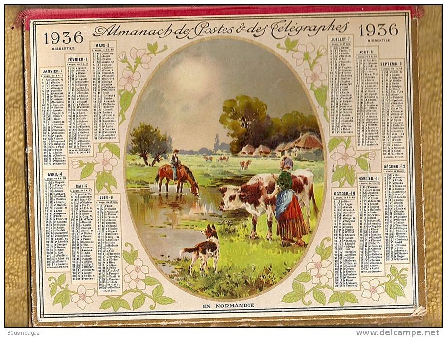 Calendrier 1936, Almanach Des PTT,postes,En Normandie Drome 26 Format, 26,5 X 21 Cm. - Tamaño Grande : 1921-40