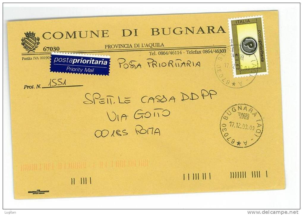 BUGNARA CAP 67030  PROV. AQUILA - ANNO 2003 - AQ - LS - ABRUZZO  -TEMATICA COMUNI D'ITALIA - STORIA POSTALE - Macchine Per Obliterare (EMA)