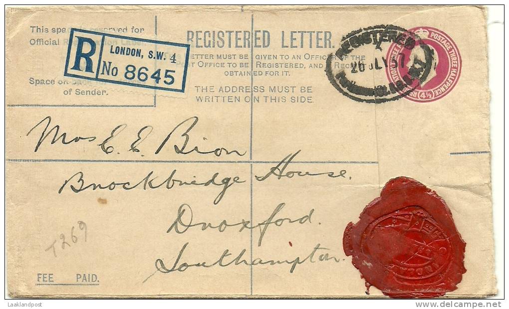 GB London, 26-7-1937 Registered Cover To Southampton - Postwaardestukken