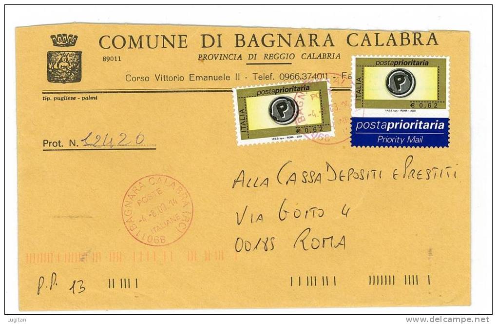 BAGNARA CALABRA CAP 89011PROV. REGGIO CALABRIA ANNO 2004 RC LS CALABRIA -TEMATICA COMUNI D'ITALIA - STORIA POSTALE - Macchine Per Obliterare (EMA)