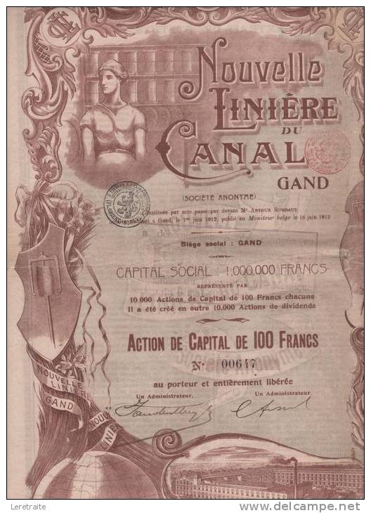 Nouvelle Linière Du Canal Gand , Action De Capital De 100 Francs. - Industrie