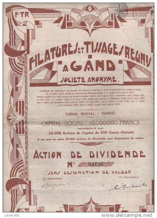 Filatures Et Tissages Réunis A Gand, Action De Dividende - D - F