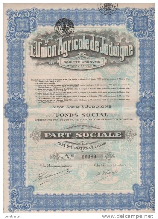 L'Union Agricole De Jodoigne ( Belgique ) Part Sociale - J - L