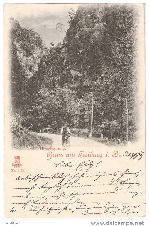 Gruss Aus Freiburg Im Breisgau Radfahrer Am Hirschsprung Fahrrad 28.7.1898 Gelaufen - Freiburg I. Br.