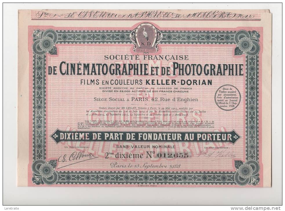 Sté Française De Cinématographie Et De Photographie, Films En Couleurs KELLER-DORIAN, Dixiéme De Part De Fondateur - Cinéma & Théatre