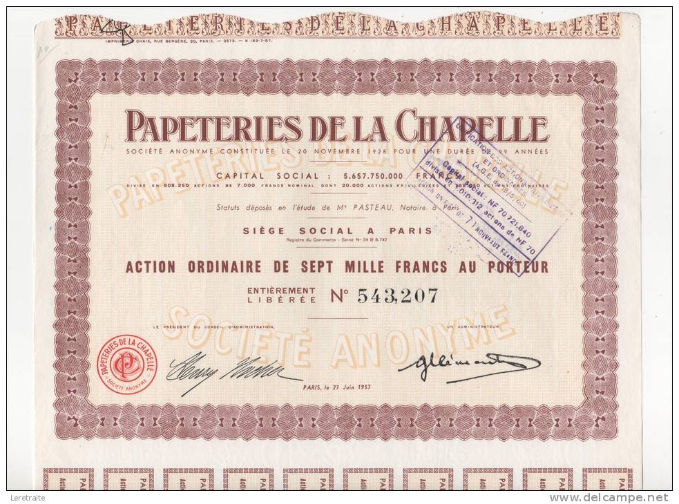 Papeterie De La Chapelle, Action Ordinaire De 7000 Francs Au Porteur - P - R