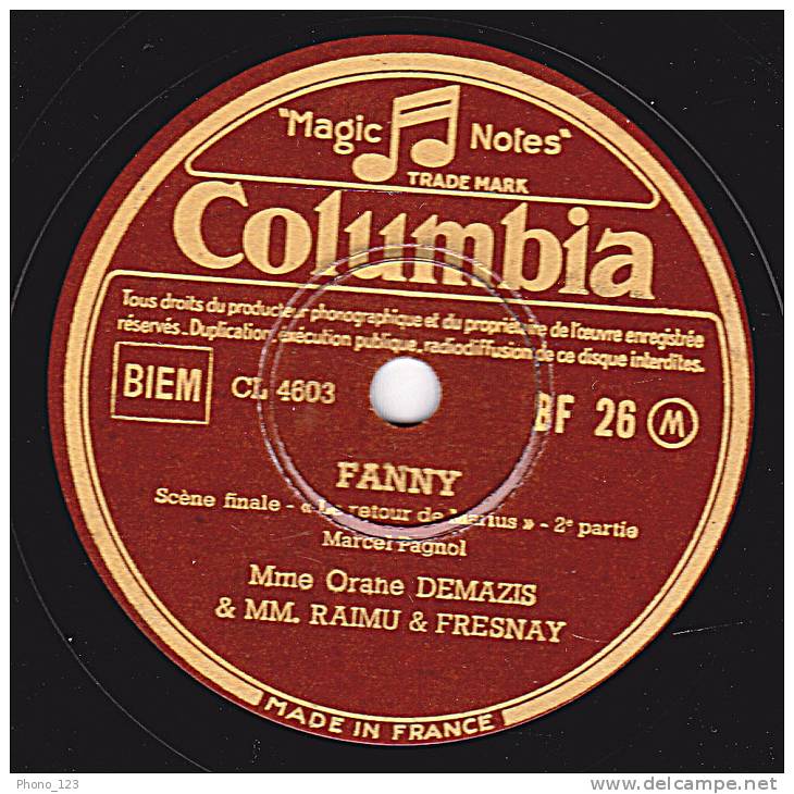 Disque 78 Trs - Columbia BF 26 -THEATRE - Marcel PAGNOL - FANNY - Le Retour De Marius- DEMAZIS,RAIMU,FRESNAY & CHARPIN - 78 Rpm - Schellackplatten