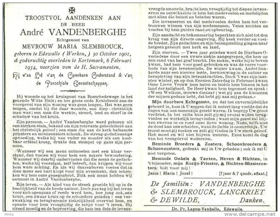 Doodsprentje (1492)  Edewalle ( Werken ) Kortrmark - VANDENBERGHE / SLEMBROUCK 1901 - 1954 - Devotion Images