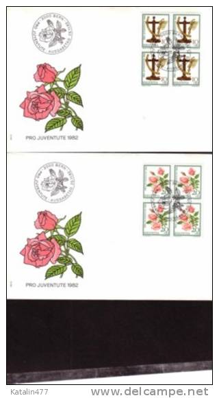 Switzerland,1982..Pro Juventute,Roses , In 4-er Blocks,  FDC - Briefe U. Dokumente