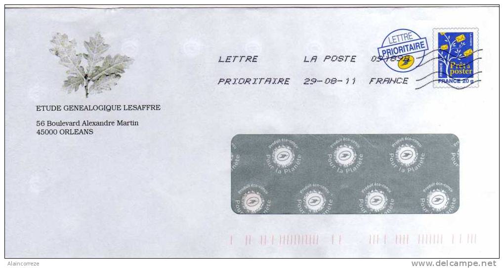 Entier Postal PAP Repiqué Loiret Orléans Etude Généalogique Feuille De Chêne PAP à Fenêtre - PAP: Private Aufdrucke