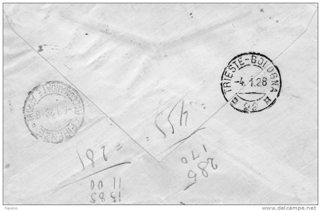 1928 LETTERA RACCOMANDATA CON ANNULLO ABBAZIA FIUME + AMB TRIESTE - BOLOGNA - Storia Postale (Posta Aerea)